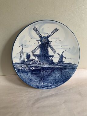 Vintage Delft Blue Hand-Painted 12” Plate Windmill Holland Elesva 1998 Hanging